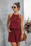 Fashnzfab Solid Halter Lace Sleeveless Patchwork Romper