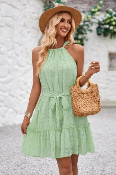 Fashnzfab Solid Halter Neck Sleeveless Waist Tie Ruffle Dres