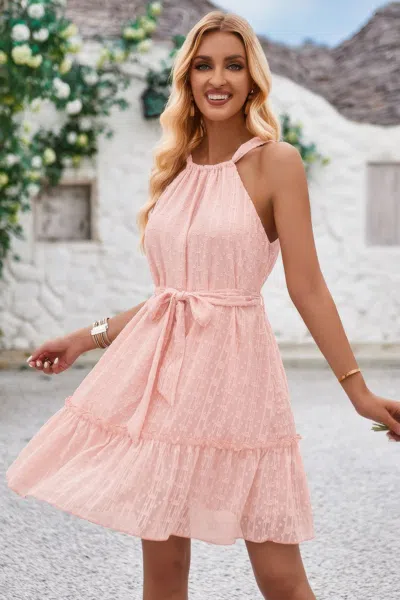 Fashnzfab Solid Halter Neck Sleeveless Waist Tie Ruffle Dres