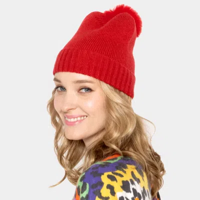Fashnzfab Solid Knit Beanie Hat With Faux Fur Pom In Beige