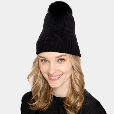 Fashnzfab Solid Knit Beanie Hat With Faux Fur Pom In Black