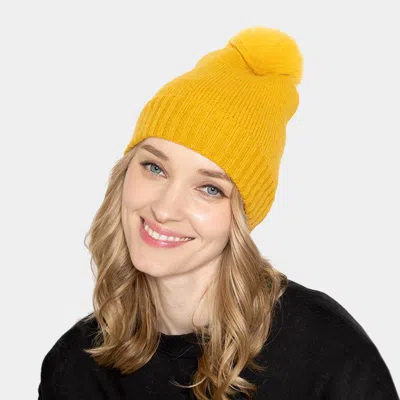 Fashnzfab Solid Knit Beanie Hat With Faux Fur Pom In Yellow