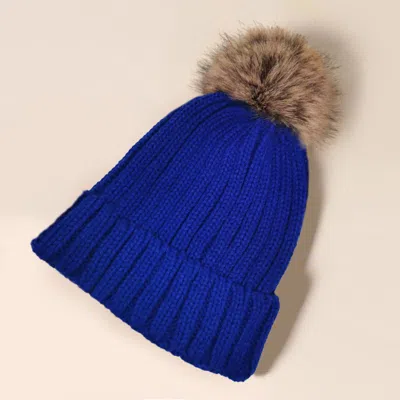 Fashnzfab Solid Knit Faux Fur Pom Pom Beanie Hat In Blue