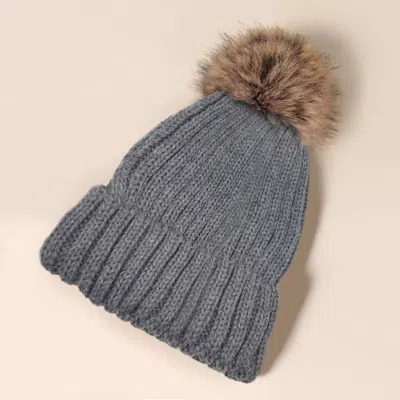 Fashnzfab Solid Knit Faux Fur Pom Pom Beanie Hat In Gray