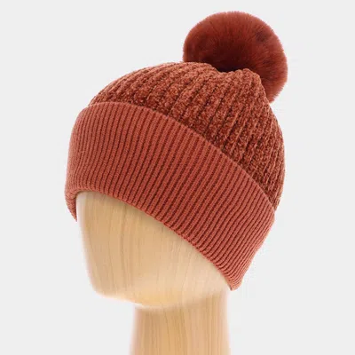 Fashnzfab Solid Knit Faux Fur Pom Pom Beanie Hat In Red