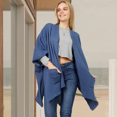 Fashnzfab Solid Knit Front Pockets Vest Poncho In Blue