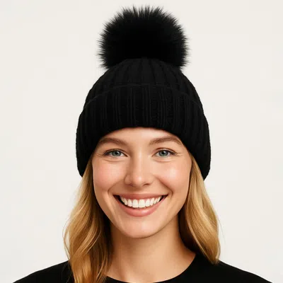 Fashnzfab Solid Knit Pom Pom Winter Beanie Hat In Black