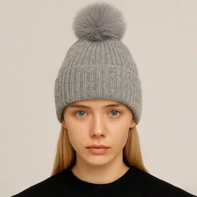 Fashnzfab Solid Knit Pom Pom Winter Beanie Hat In Gray