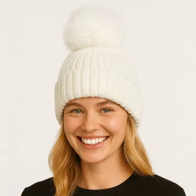 Fashnzfab Solid Knit Pom Pom Winter Beanie Hat In White