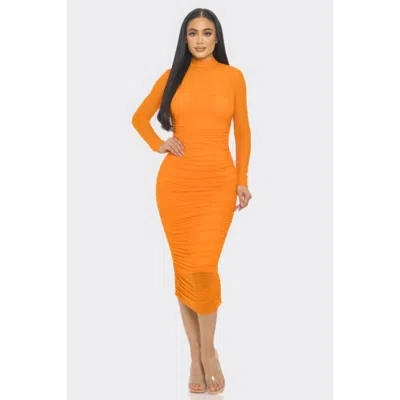 Fashnzfab Solid Mesh Ruched Midi Dress In Orange