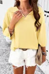Fashnzfab Solid Notched Collar V Neck Knit Short Sleeve Swea