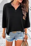 Fashnzfab Solid Notched Collar V Neck Knit Short Sleeve Swea