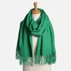 Fashnzfab Solid Oblong Scarf With Tassels In Green