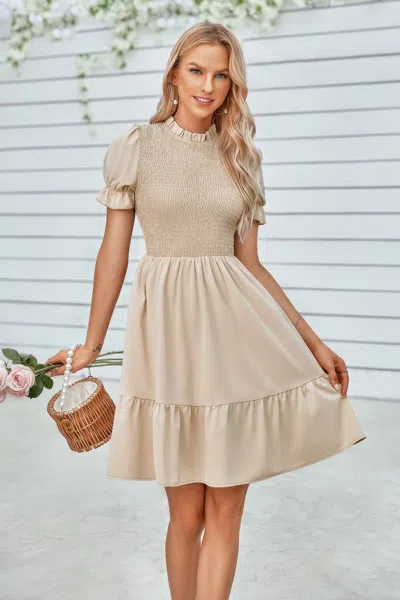 Fashnzfab Solid Puff Sleeve Shirred Detail Ruffle Hem Dress In Brown