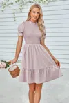 Fashnzfab Solid Puff Sleeve Shirred Detail Ruffle Hem Dress