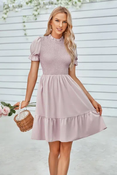Fashnzfab Solid Puff Sleeve Shirred Detail Ruffle Hem Dress In Pink