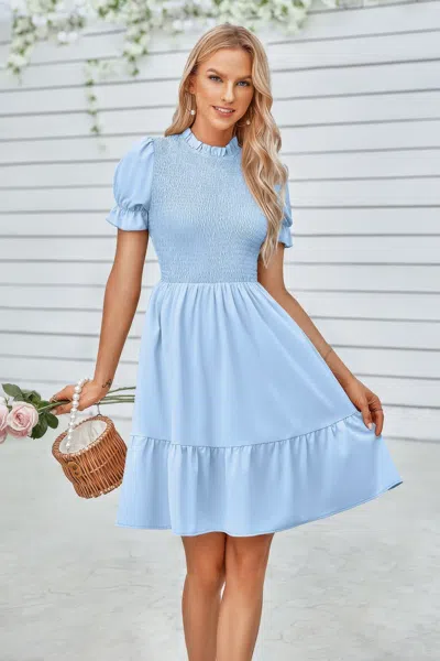 Fashnzfab Solid Puff Sleeve Shirred Detail Ruffle Hem Dress In Blue