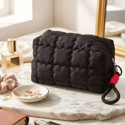 Fashnzfab Solid Quilted Cosmetic Pouch Bag In Black