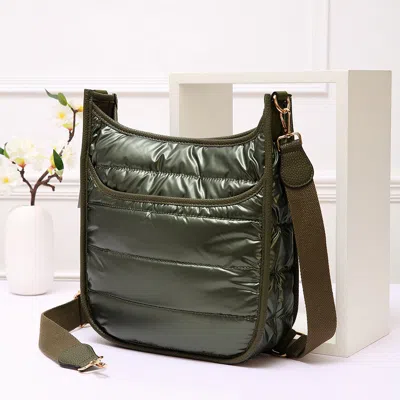 Fashnzfab Solid Quilted Shiny Puffer Crossbody Bag In Green