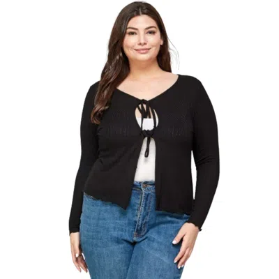 Fashnzfab Solid Ribbed Pointelle Cardigan In Black