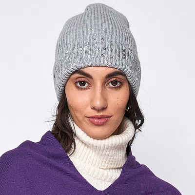 Fashnzfab Solid Ribbed Sequin Cuff Beanie Hat In Gray