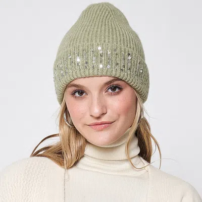Fashnzfab Solid Ribbed Sequin Cuff Beanie Hat In Green