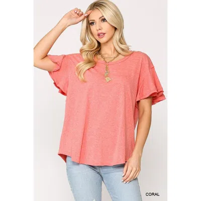 Fashnzfab Solid Round Neck Frill Sleeve Top With Scoop Hem In Pink