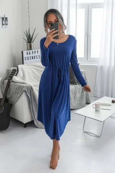 Fashnzfab Solid Round Neck Long Sleeve Drawstring Dress In Blue