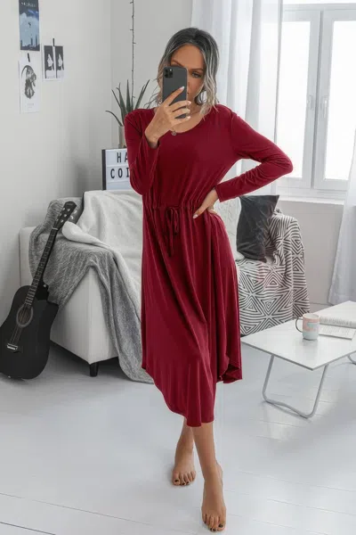 Fashnzfab Solid Round Neck Long Sleeve Drawstring Dress