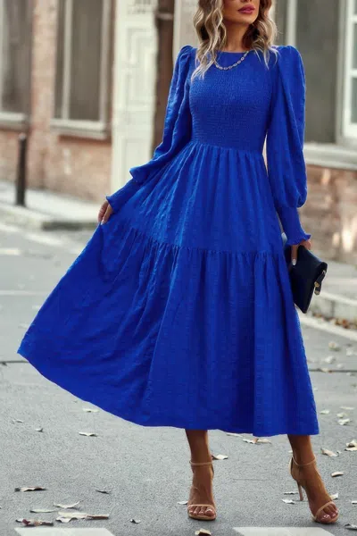 Fashnzfab Solid Round Neck Puff Long Sleeve Midi Dress
