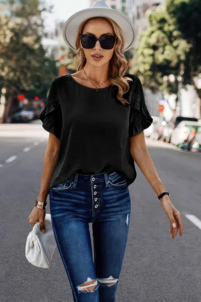 Fashnzfab Solid Round Neck Ruffle Sleeve Loose Fit Blouse