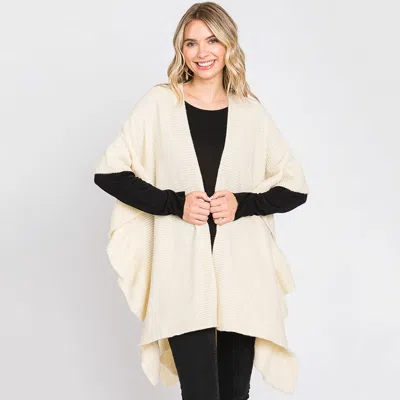 Fashnzfab Solid Ruffle Knit Ruana Poncho In Neutral