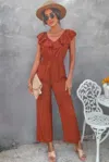 Fashnzfab Solid Ruffle Trim V Neck Fit Jumpsuit