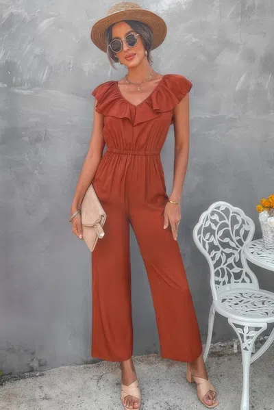 Fashnzfab Solid Ruffle Trim V Neck Fit Jumpsuit