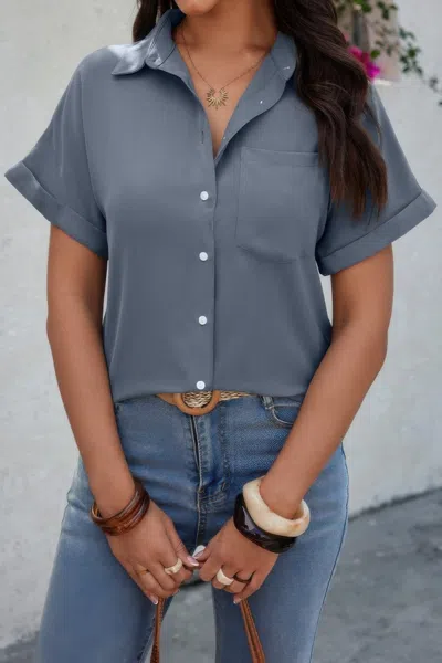 Fashnzfab Solid Short Sleeve V Neck Button Down Tunic Shirt