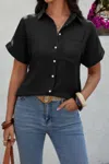 Fashnzfab Solid Short Sleeve V Neck Button Down Tunic Shirt