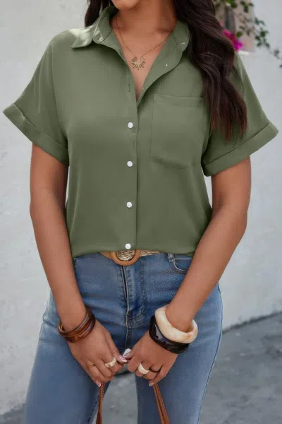 Fashnzfab Solid Short Sleeve V Neck Button Down Tunic Shirt
