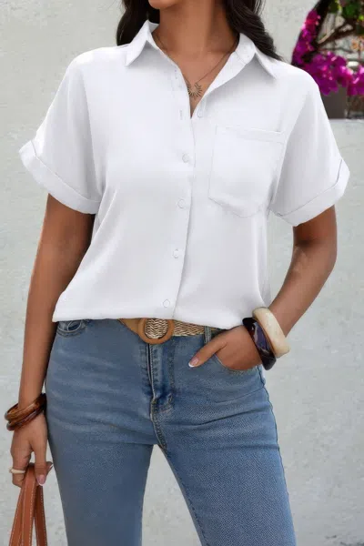 Fashnzfab Solid Short Sleeve V Neck Button Down Tunic Shirt