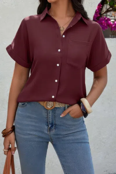 Fashnzfab Solid Short Sleeve V Neck Button Down Tunic Shirt