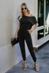 Fashnzfab Solid Slant Shoulder Short Sleeve Jumpsuit