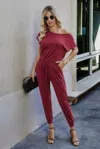 Fashnzfab Solid Slant Shoulder Short Sleeve Jumpsuit
