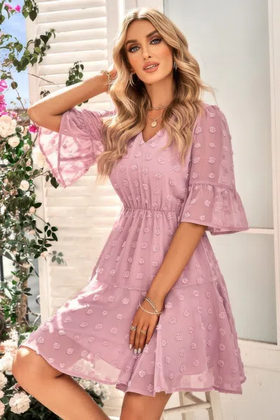 Fashnzfab Solid Swiss Dot Flare Sleeve V Neck Dress In Pink