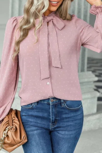 Fashnzfab Solid Swiss Dot Neck Tie Detail Blouse