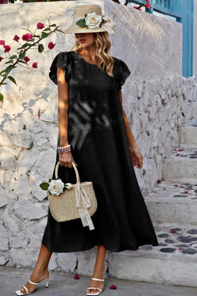 Fashnzfab Solid Swiss Dot Ruffle Hem Belt Midi Dress