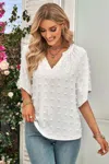 Fashnzfab Solid Swiss Dot V Neck Puff Sleeve Blouse