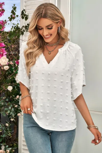 Fashnzfab Solid Swiss Dot V Neck Puff Sleeve Blouse