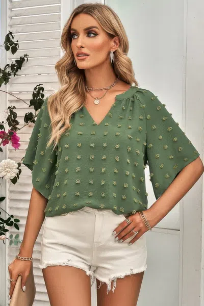Fashnzfab Solid Swiss Dot V Neck Puff Sleeve Blouse