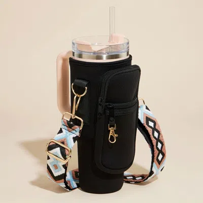 Fashnzfab Solid Tumbler Carrier Holder Aztec Pattern Strap Crossbody Bag In Black