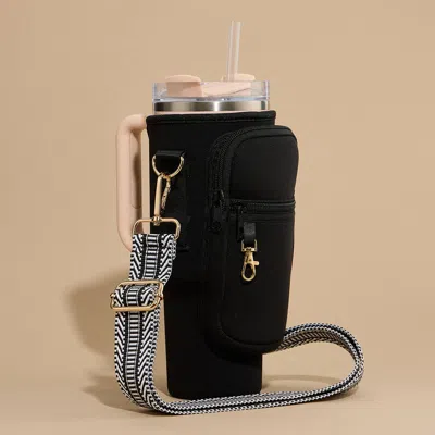 Fashnzfab Solid Tumbler Carrier Holder Chevron Pattern Strap Crossbody Bag In Black