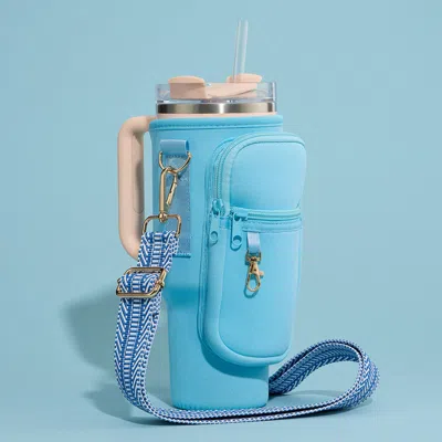 Fashnzfab Solid Tumbler Carrier Holder Chevron Pattern Strap Crossbody Bag In Blue